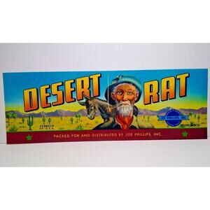 Desert Rat Crate Label Donkey Horse Cactus Cowboy Corn Cob Pipe 1950s Vintage